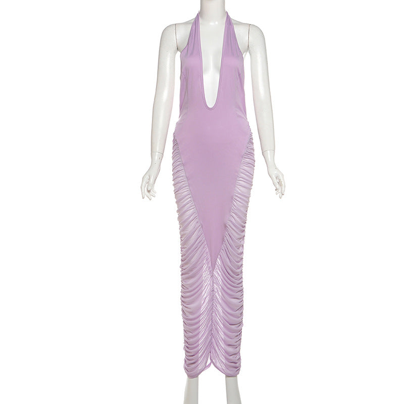 Vestido maxi ajustado de malla con escote en V profundo y color sólido sexy para mujer