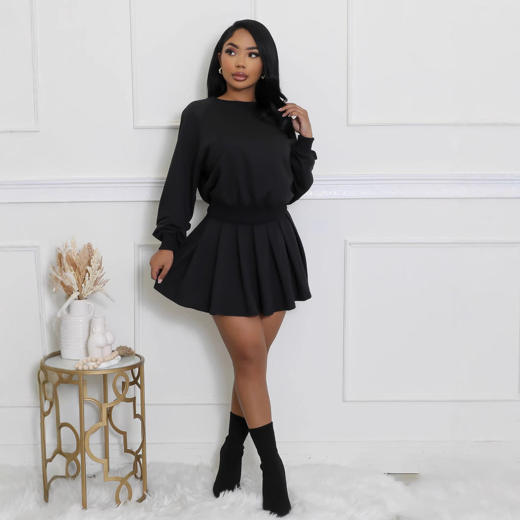 Women Casual Solid Color Long-Sleeve Sweatshirt Skirt Set