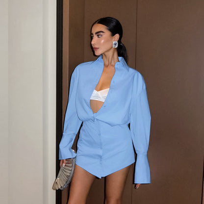 Robe chemise élégante à manches longues et revers amples pour femmes