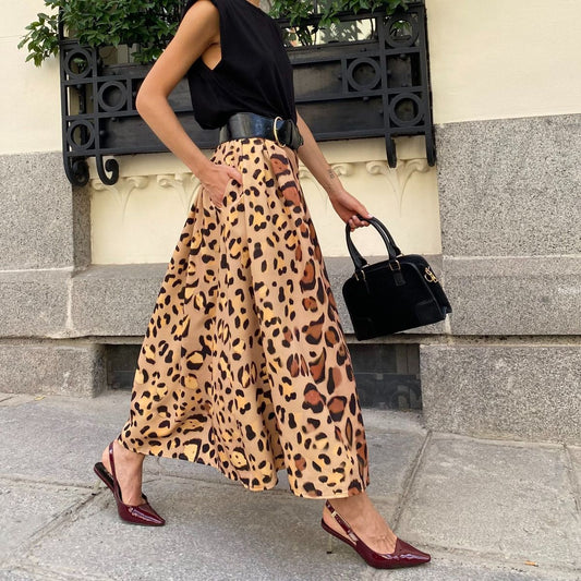 Falda larga elegante con estampado de leopardo para mujer