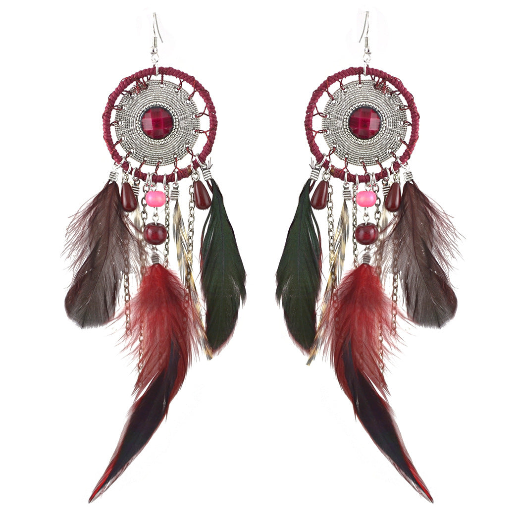 Pendientes de atrapasueños con borlas de plumas estilo bohemio para mujer