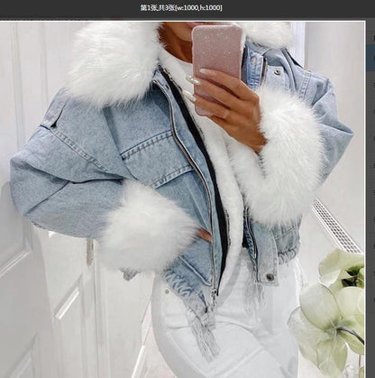 Chaqueta vaquera de invierno con cuello de peluche para mujer - Prenda exterior informal de manga larga