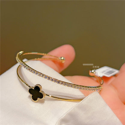 Chic Double Layer Black Four Leaves Clover Bangle