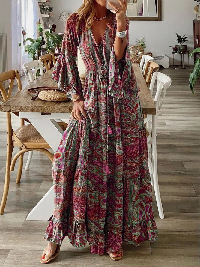 Women Fashion Casual Bohemian Tiny Flower Print V-Neck Horn Sleeve Maxi Dress