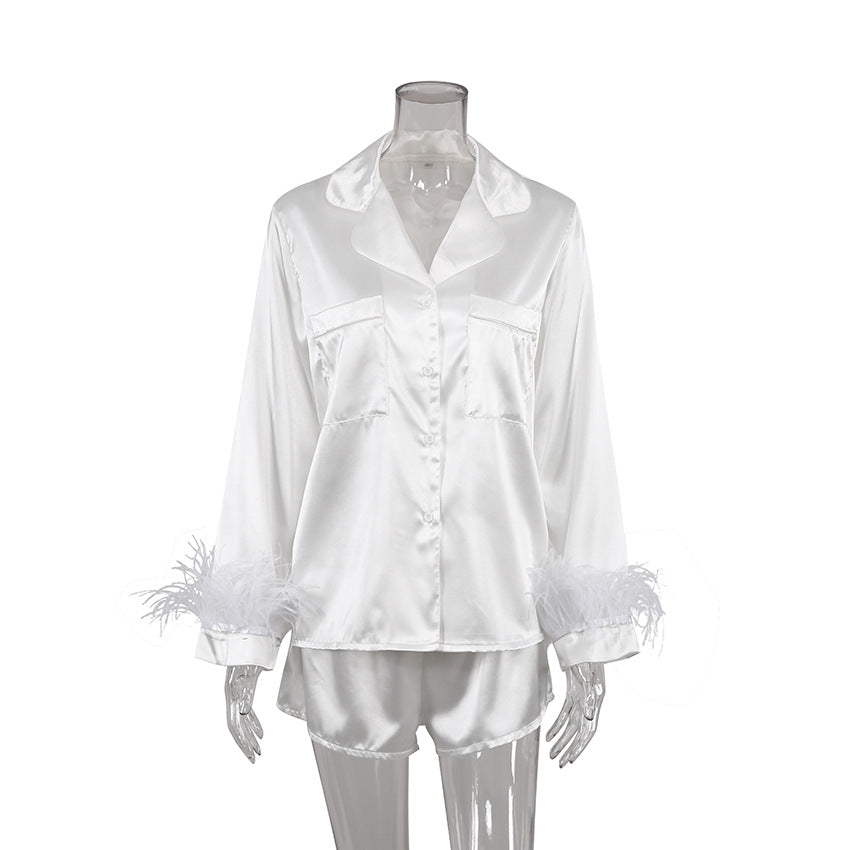 Women Fashion Loose Satin Ice Silk Long Sleeve Pajamas Set