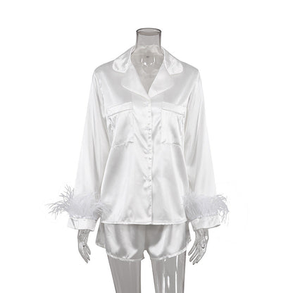 Women Fashion Loose Satin Ice Silk Long Sleeve Pajamas Set