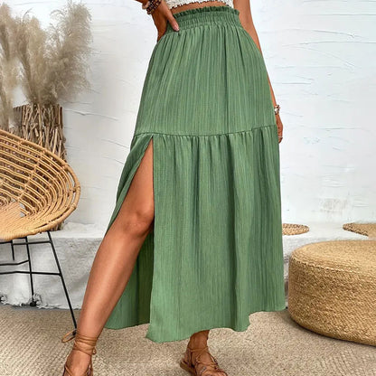 Women Fashion Casual Solid Color High Split Ruffle Skirt