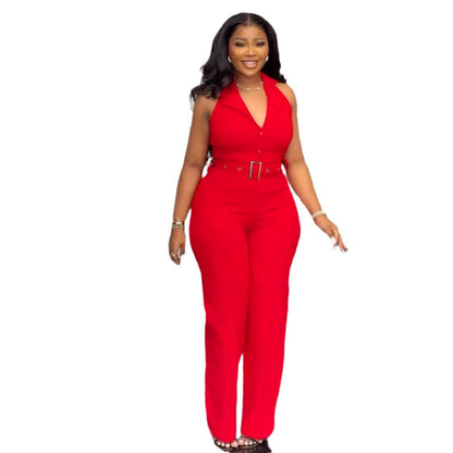 Women Fashion V-Neck Backless Wide-Leg Jumpsuit in Solid Color