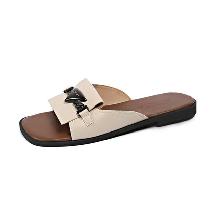 Women Casual Silver Buckle Square Toe Flat Slippers