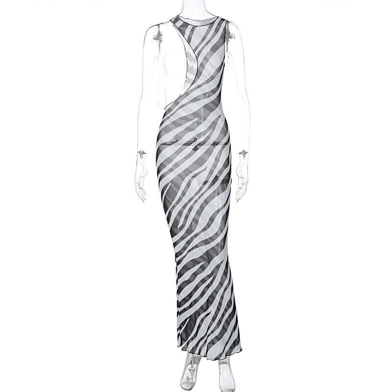 Women Fashion Sexy Irregular Mesh See-Through Sleeveless Elegant Dress
