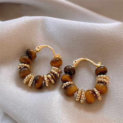Boucles d'oreilles rétro en perles d'œil de tigre pour femmes, style Maillard Wind