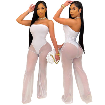 Monos de pierna ancha con top de tubo de malla sexy a la moda para mujer