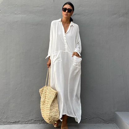 Vestido playero de manga larga con solapa y perspectiva de moda para mujer