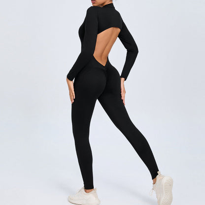 Women Fashion Solid Color Zipper Long-Sleeve Yoga Jumpsuit