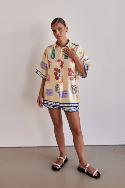 Women Fashion Casual Printed Lapel Blouse Set