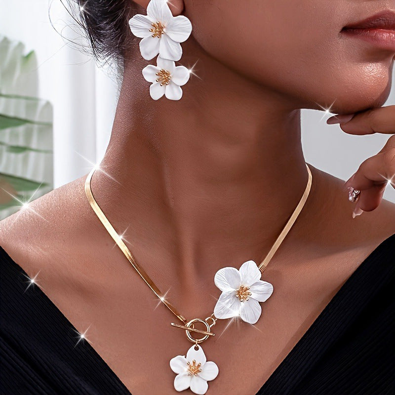 Elegant Alloy Floral Pendant Necklace Earrings Set - Fashion Jewelry