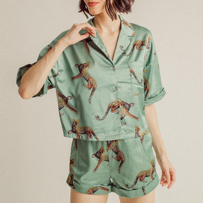 Women Fashion Comfortable Ice Silk Leopard Print Pajamas Set