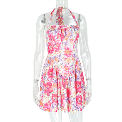 Women Sexy Floral Print Hanging Neck Mini Dress