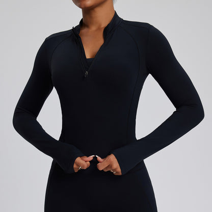 Top de yoga de manga larga de color liso para mujer, con cremallera y tejido de secado rápido