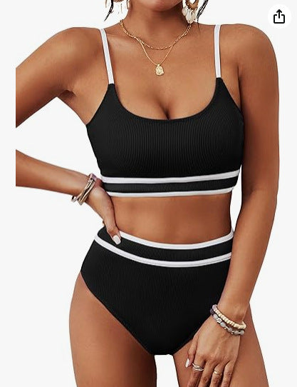 Women Fashion Sexy Contrast Color Stripe Bikini Swimsuit