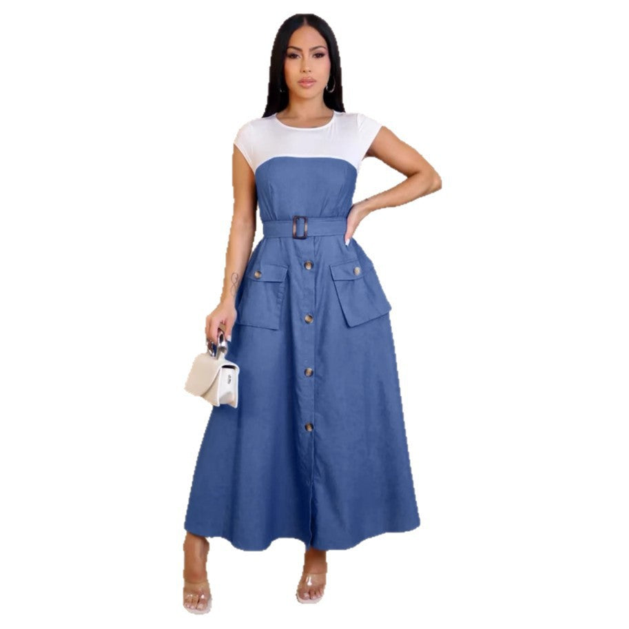 Women Casual Elegant Denim Stitching Color Contrast Dress