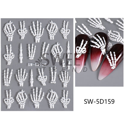 Autocollants pour ongles 5D en relief pour femmes, motif tête de mort, araignée, os, citrouille, Halloween