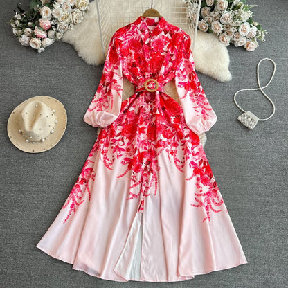 Elegante vestido midi de manga larga con estampado floral