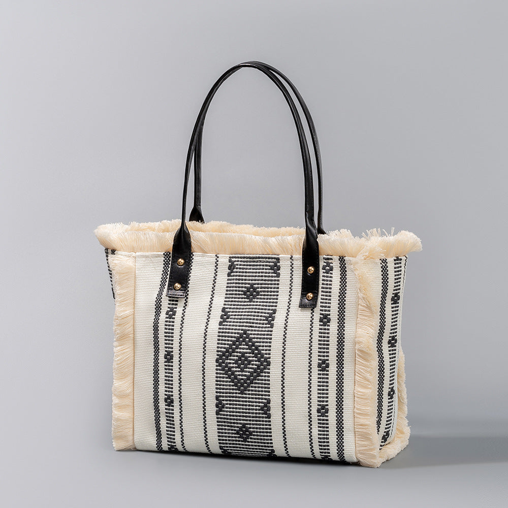 Bolso tote de lona con borlas de gran capacidad estilo bohemio