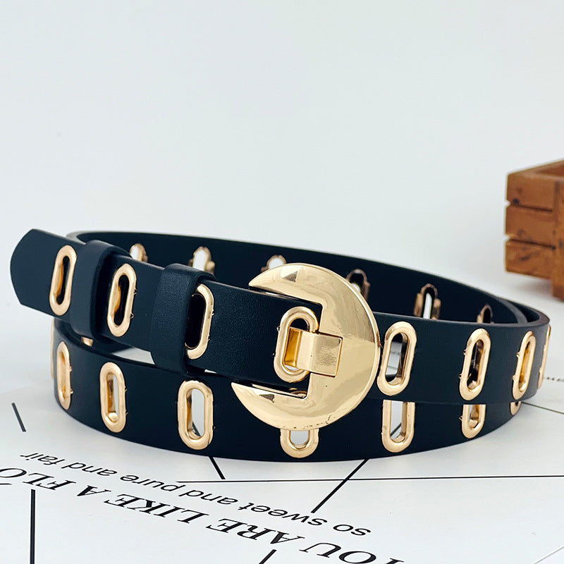Ceinture décorative à œillets métalliques ajourés pour femme en cuir PU