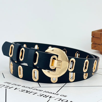 Ceinture décorative à œillets métalliques ajourés pour femme en cuir PU