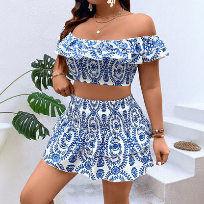Plus Size Women Fashion Off-Shoulder Top And Skirt Set