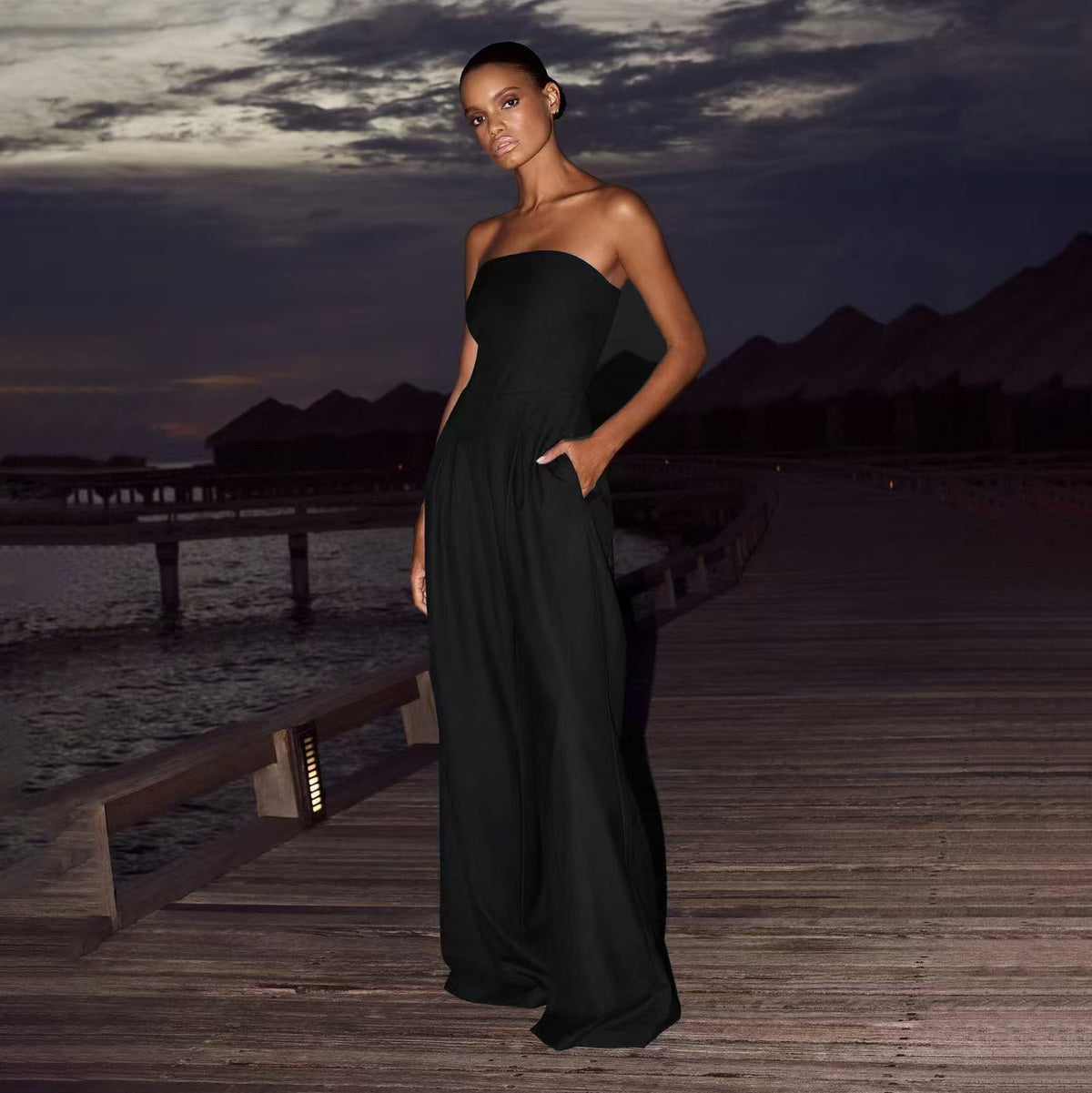 Women Fashion Solid Color Tube Top Jumpsuit Polyester Slim Fit