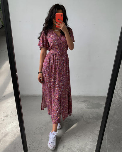Vestido holgado informal con estampado floral, escote en V y manga corta para mujer