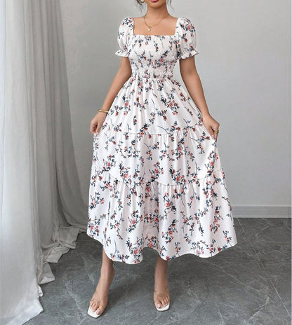 Women Fashion Floral Printed Square Neck Dress