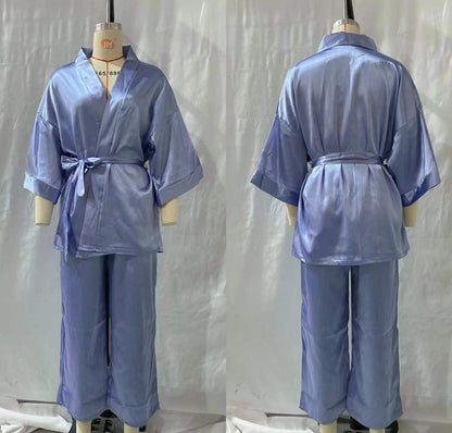 Women Solid Satin Long Sleeve Loose Lace-Up Pajamas Two Piece Set