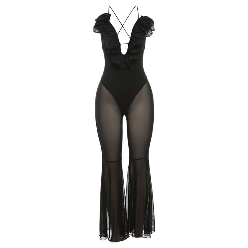 Women Fashion Sexy Mesh Stitching Flared Jumpsuit in Polyester
