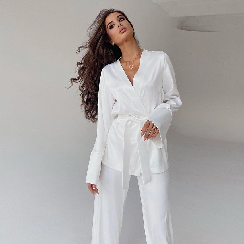 Women Fashion Loose Ice Silk Comfortable Long Sleeve Pajamas Set
