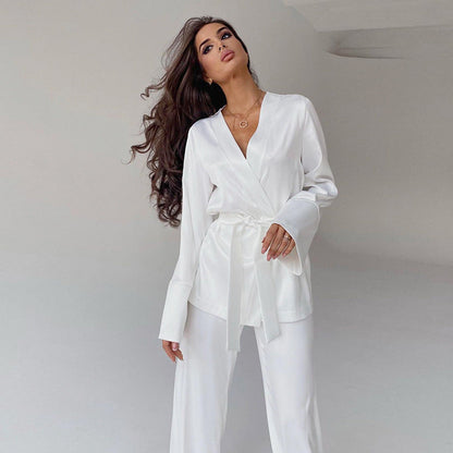 Women Fashion Loose Ice Silk Comfortable Long Sleeve Pajamas Set
