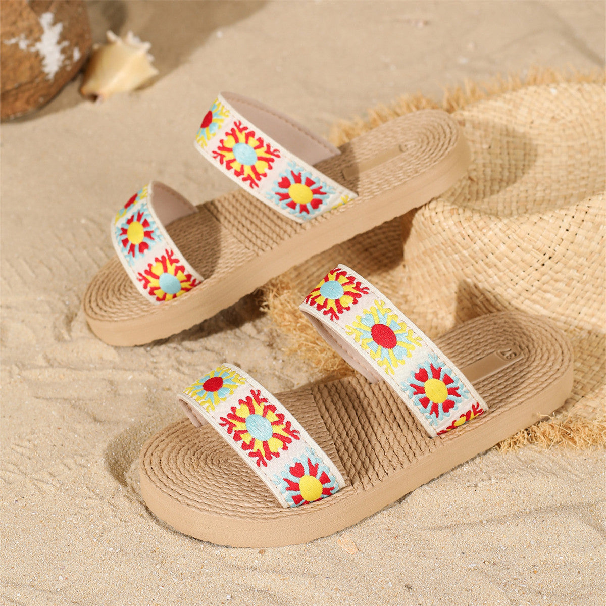 Chaussons plats d'été pour femmes, style bohème, ethnique, vintage, à fleurs
