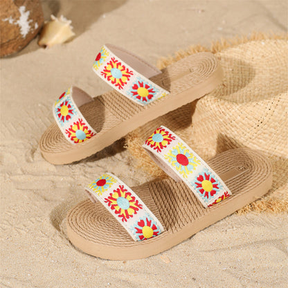 Chaussons plats d'été pour femmes, style bohème, ethnique, vintage, à fleurs