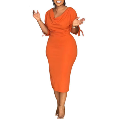 Women Fashion Solid Color Sleeve Drawstring Midi Bodycon Dress