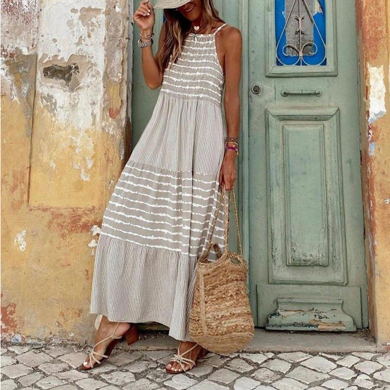 Fashion Boho Vintage Women's Suspender Round Neck Maxi Dress