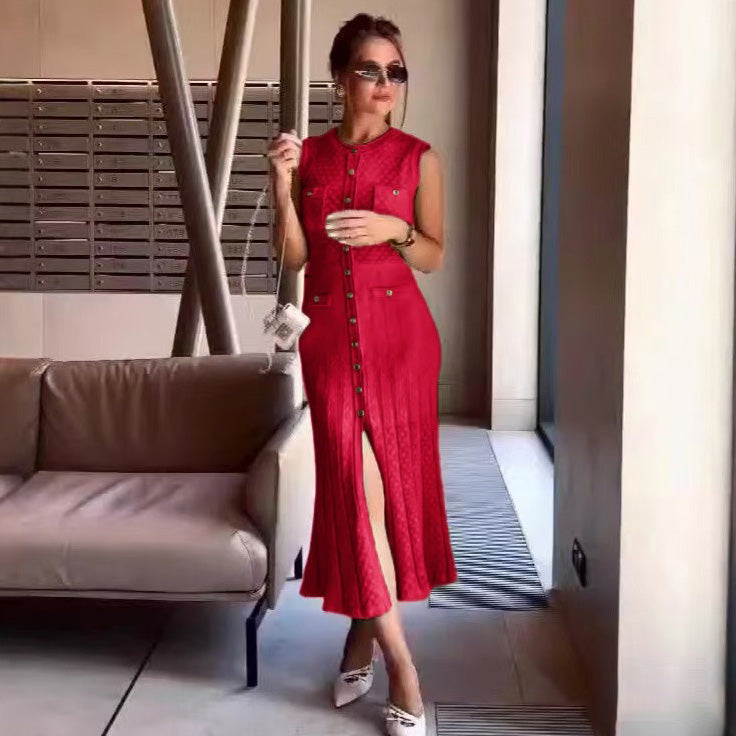 Vestido elegante de punto sin mangas con aberturas para mujer - Midi de poliéster de moda