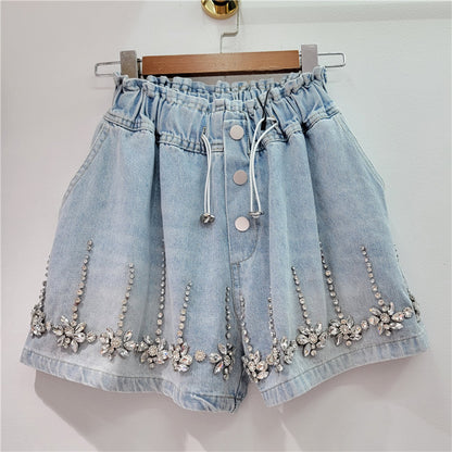 Pantalones cortos vaqueros de cintura alta con cuentas y diamantes de imitación para mujer