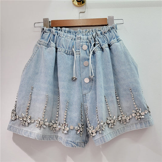 Women Fashion Casual Beaded Rhinestone High-Waist Denim Shorts