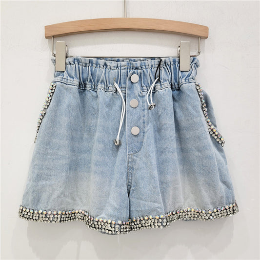 Women Fashion Casual Beaded Rhinestone Denim Shorts