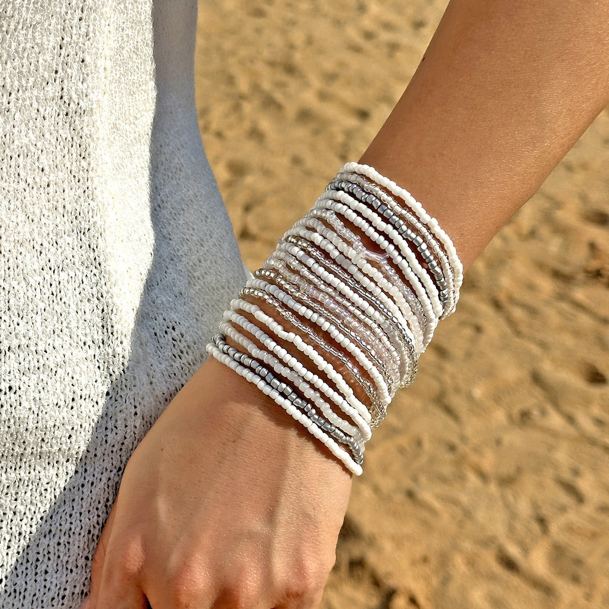 Women Fashion Boho Beach Contrast Bead Multi-Layer Stacked Bracelet