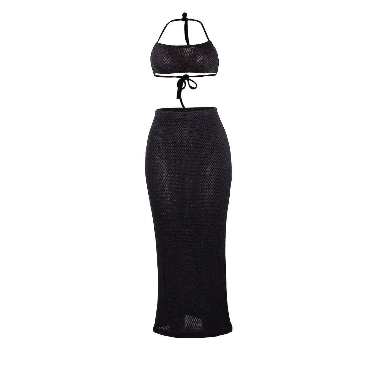 Women Fashion Waffle Crop Top and High Waist Skirt Set