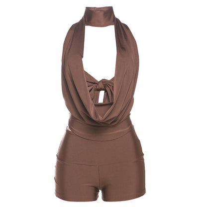 Conjunto de dos piezas de pantalones cortos con cuello en V profundo, espalda descubierta y escote halter, sexy, de color sólido, para mujer