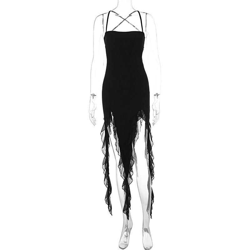Vestido sexy de malla con volantes irregulares para mujer